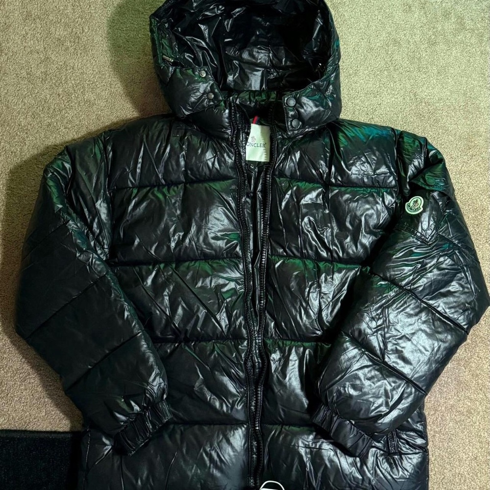 Moncler Shiny Black Jacket with Logo Patch
